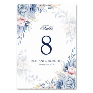Elegante blaue Aquarell-Blumenhochzeit Tischnummer