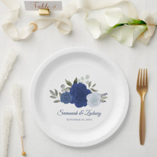 Elegante blaue Aquarell-Boho-Chic-Rosen-Hochzeit Pappteller