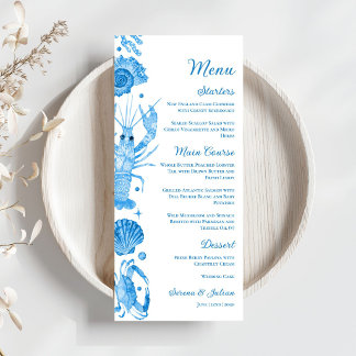 Elegante Blaue Aquarell-Küsten-Meeresfrüchte-Hochz Menükarte