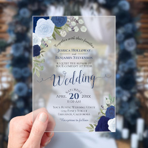 Elegante blaue Aquarell-Rosen Boho-Hochzeit Acryleinladungen