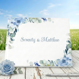 Elegante blaue Aquarell-Rosen-Hochzeit Gästebuch