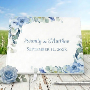 Elegante blaue Aquarell-Rosen-Hochzeit Gästebuch