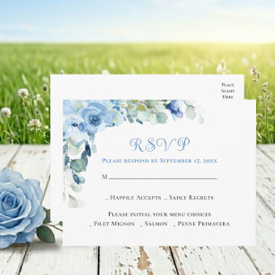 Elegante blaue Aquarell-Rosen-Hochzeit-RSVP Postkarte