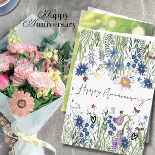 Elegante blaue Aquarell-Wildblumen-Jubiläum  Karte