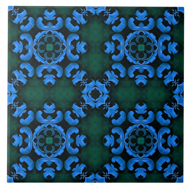 Elegante blaue Arabesken-Musterfliese Fliese (Vorderseite)