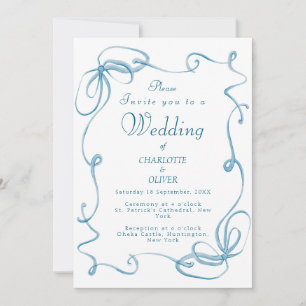 Elegante blaue Band-Aquarell-Hochzeitskarten Einladung