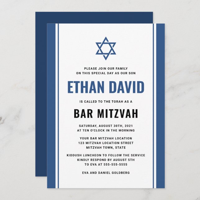Elegante, blaue Bar mitzvah-Einladungen Einladung (Vorne/Hinten)