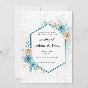 Elegante blaue Beige-Hochzeit mit Blumen Einladung
