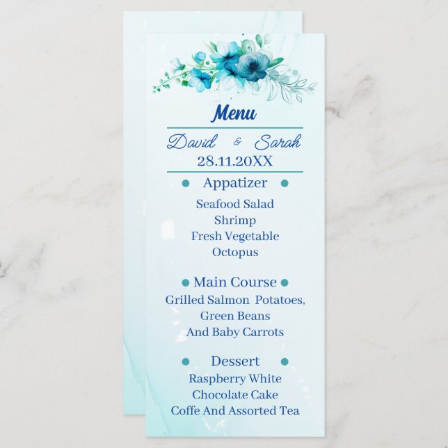 Elegante blaue Blume Personalisiert Hochzeitsessen Menükarte (Vorne/Hinten)