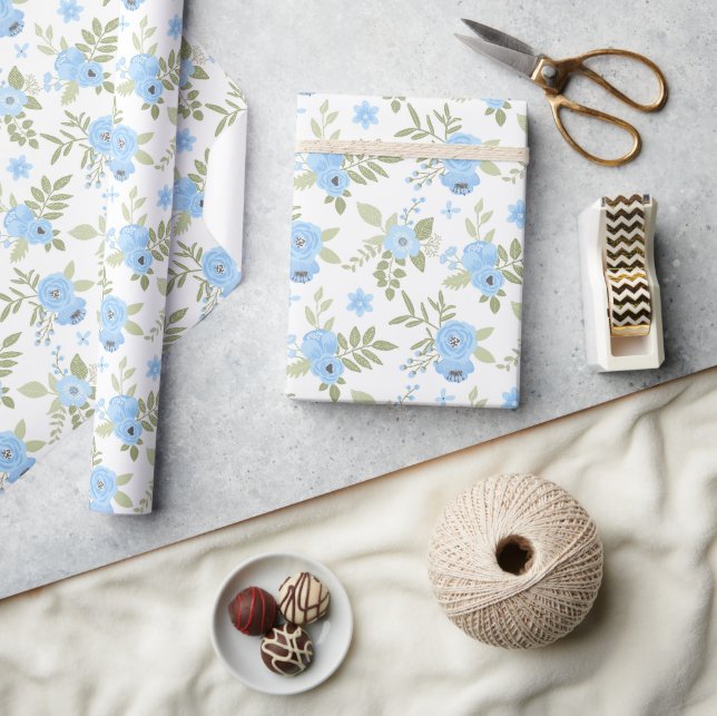 Elegante blaue Blumen & Botanik Grün Geschenkpapier (Kunsthandwerk)