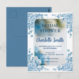 Elegante blaue Blumen-Chinoiserie-Brautparty Postkarte
