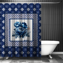 Elegante Blaue Blumen Chinoiserie Duschvorhang