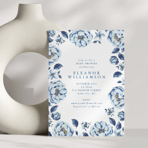 Elegante blaue Blumen Florale Babyparty Einladung