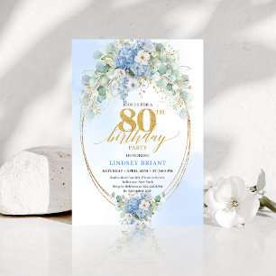 Elegante blaue Blumen-Goldene 80. Geburtstagseinla Einladung