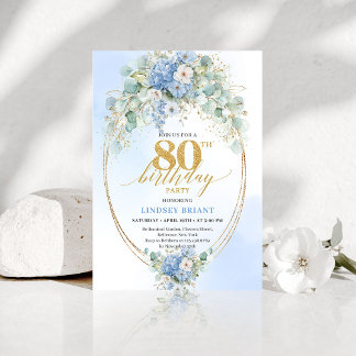 Elegante blaue Blumen-Goldene 80. Geburtstagseinla Einladung