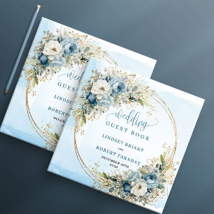 Elegante blaue Blumen Grün Gold Gästebuch