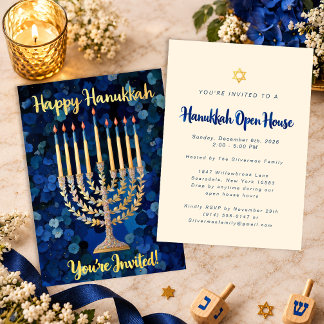 Elegante blaue Blumen-Hanukkah-Open-House-Einladun Einladung