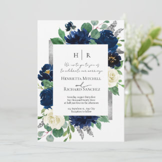Elegante blaue Blumen-Hochzeits-Foto-Einladung Einladung