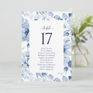 Elegante blaue Blumen-Hochzeitstisch-Nummernkarte Einladung