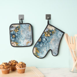 Elegante blaue Blumen Ofenhandschuh & Topflappen-Set