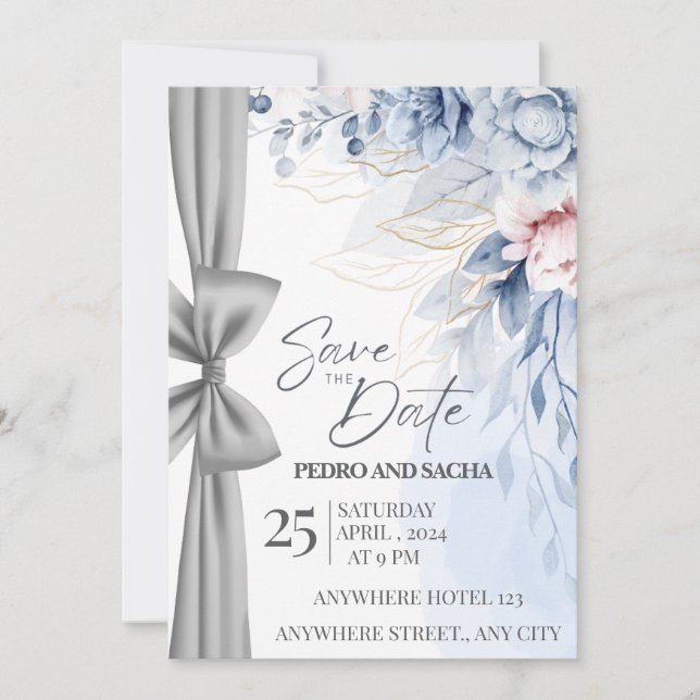 Elegante blaue Blumen-Save-the-Date-Karte mit Silb (Vorderseite)