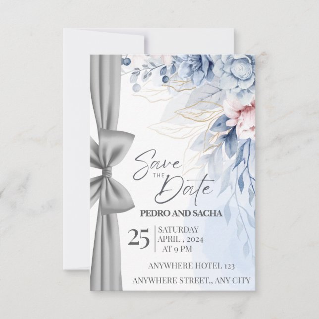 Elegante blaue Blumen-Save-the-Date-Karte mit Silb Einladung (Vorderseite)