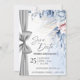 Elegante blaue Blumen-Save-The-Date-Karte mit Silb Einladung
