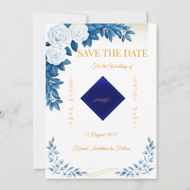 Elegante blaue Blumen-Save-the-Date-Karte Save The Date (Vorderseite)