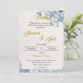 Elegante blaue Blumen- und Gold-Hochzeit Einladung