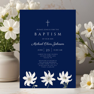 Elegante blaue Blumen-Wildblumen-Jungen-Taufe Einladung