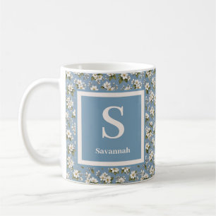 Elegante blaue Blumenblüten-Monogramm Kaffeetasse