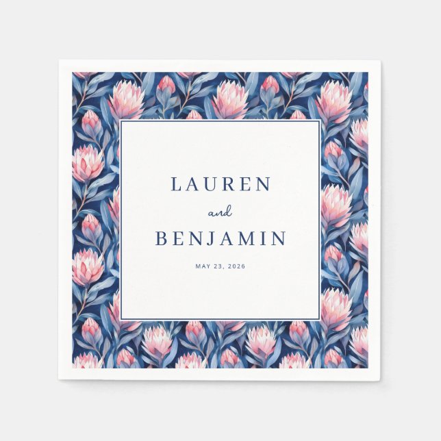 Elegante blaue Blumengrenze Serviette (Vorderseite)