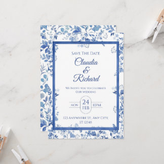 Elegante blaue Blumenhochzeits-Einladung Einladung