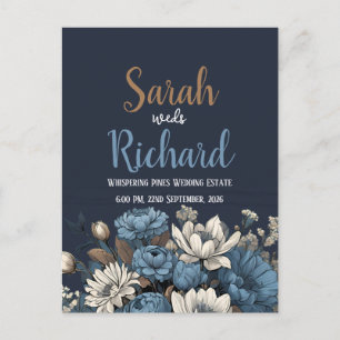 Elegante blaue Blumenhochzeits-Einladung Postkarte