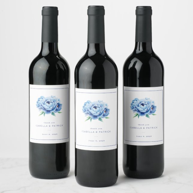 Elegante blaue Blumenillustration Weinetikett (Flaschen)
