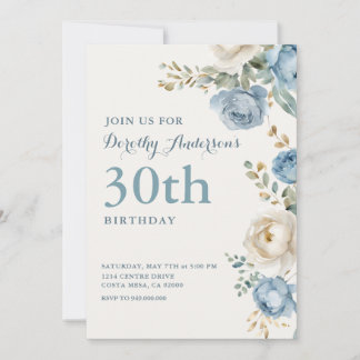 Elegante blaue Blumenparty zum 30. Geburtstag Einladung