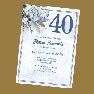 Elegante blaue Blumenparty zum 40. Geburtstag eine Einladung