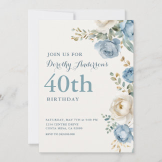 Elegante blaue Blumenparty zum 40. Geburtstag Einladung