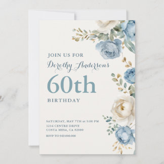Elegante blaue Blumenparty zum 60. Geburtstag Einladung