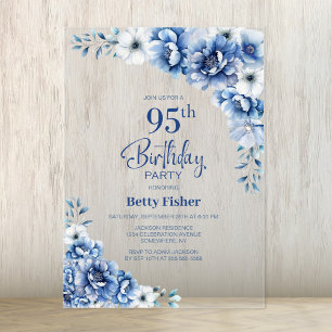 Elegante blaue Blumenparty zum 95. Geburtstag Acryleinladungen