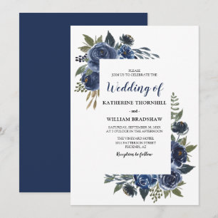 Elegante blaue Blumenrahmen-Hochzeit Einladung