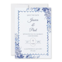 Elegante blaue Blumenrahmen-Hochzeitseinladung