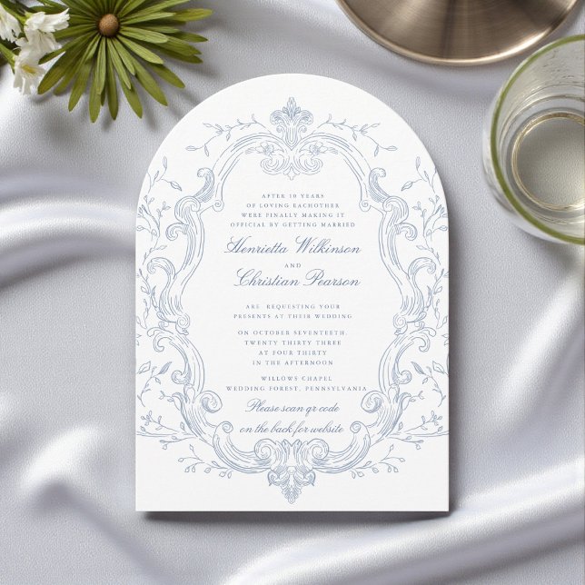 Elegante blaue Blumenrahmen-QR-Code-Hochzeit Einladung (Von Creator hochgeladen)