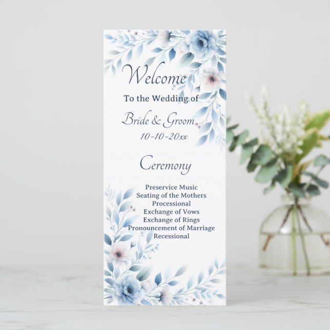 Elegante blaue Blumige Hochzeit Programm (Stehend Vorderseite)
