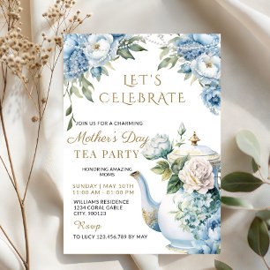 Elegante Blaue Blumige Muttertags-Teeparty Einladung