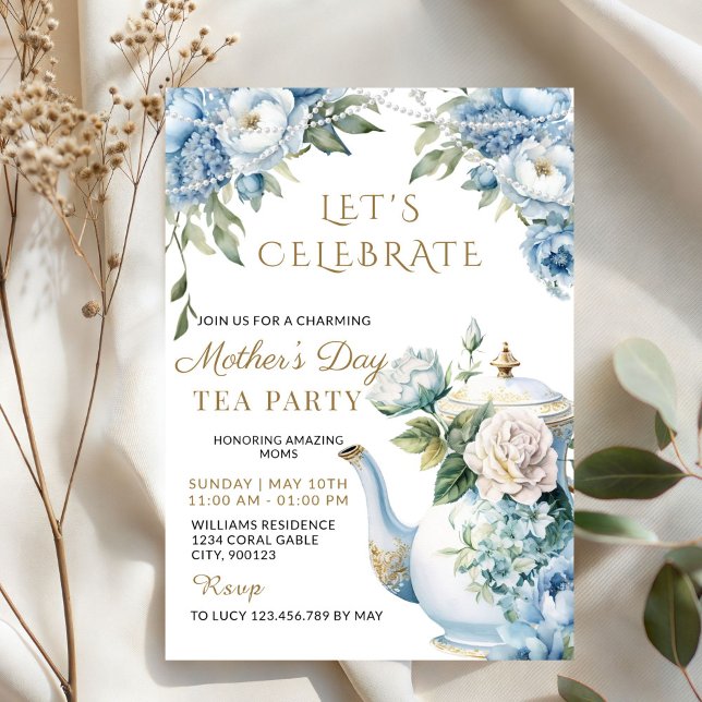 Elegante Blaue Blumige Muttertags-Teeparty  Einladung (Elegant Blue Floral Vintage Teapot Tea Party Invitation)