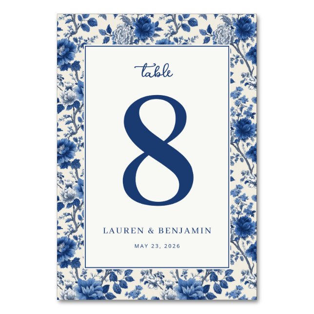 Elegante blaue Blumige Tischnummer (Vorderseite)