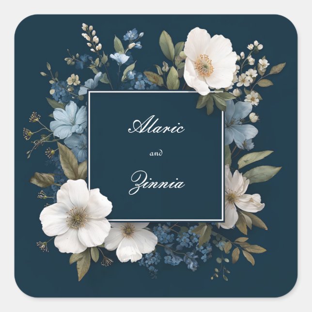 Elegante blaue Blüte mit weißen Blüten Quadratischer Aufkleber (Vorderseite)