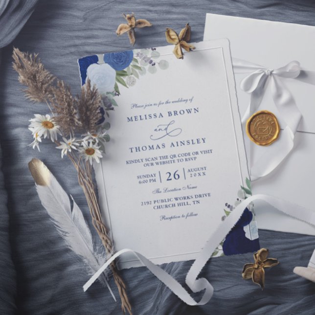 Elegante Blaue Boho-Rosen Moderne QR-Code-Hochzeit Einladung (Von Creator hochgeladen)
