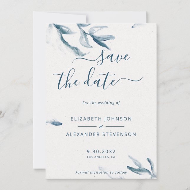Elegante blaue botanische Aquarellfarben einfache  Save The Date (Vorderseite)